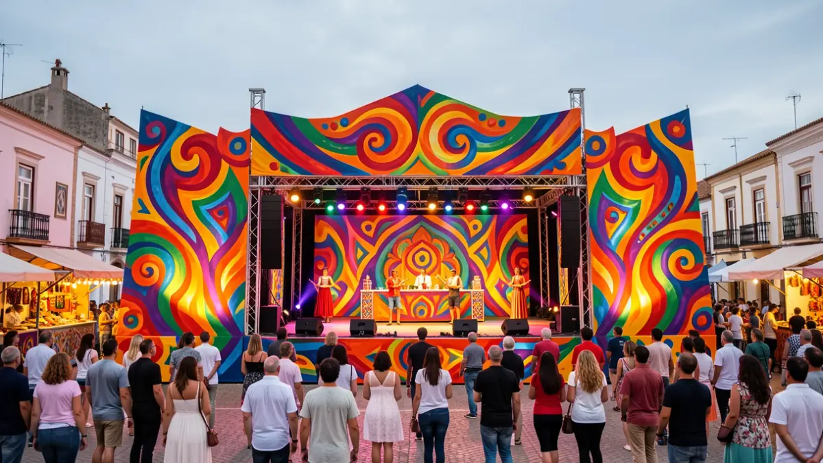 Diseño escénico conceptual para el Carnaval de Santa Cruz de Tenerife, combinando elementos de Cádiz y Canarias.