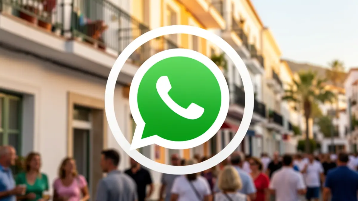 WhatsApp chat icon over a residential building facade in the Canary Islands.
