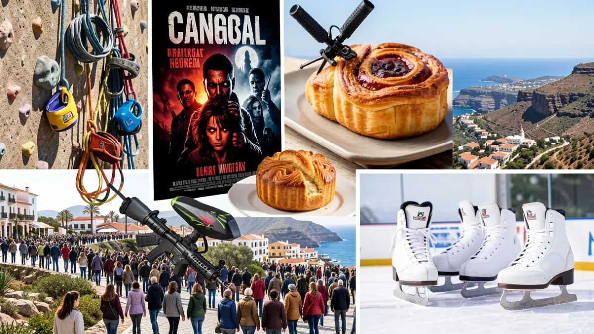 Collage of youth leisure activities: climbing, horror cinema, airsoft, pastry making, and ice skating in the Canary Islands.
