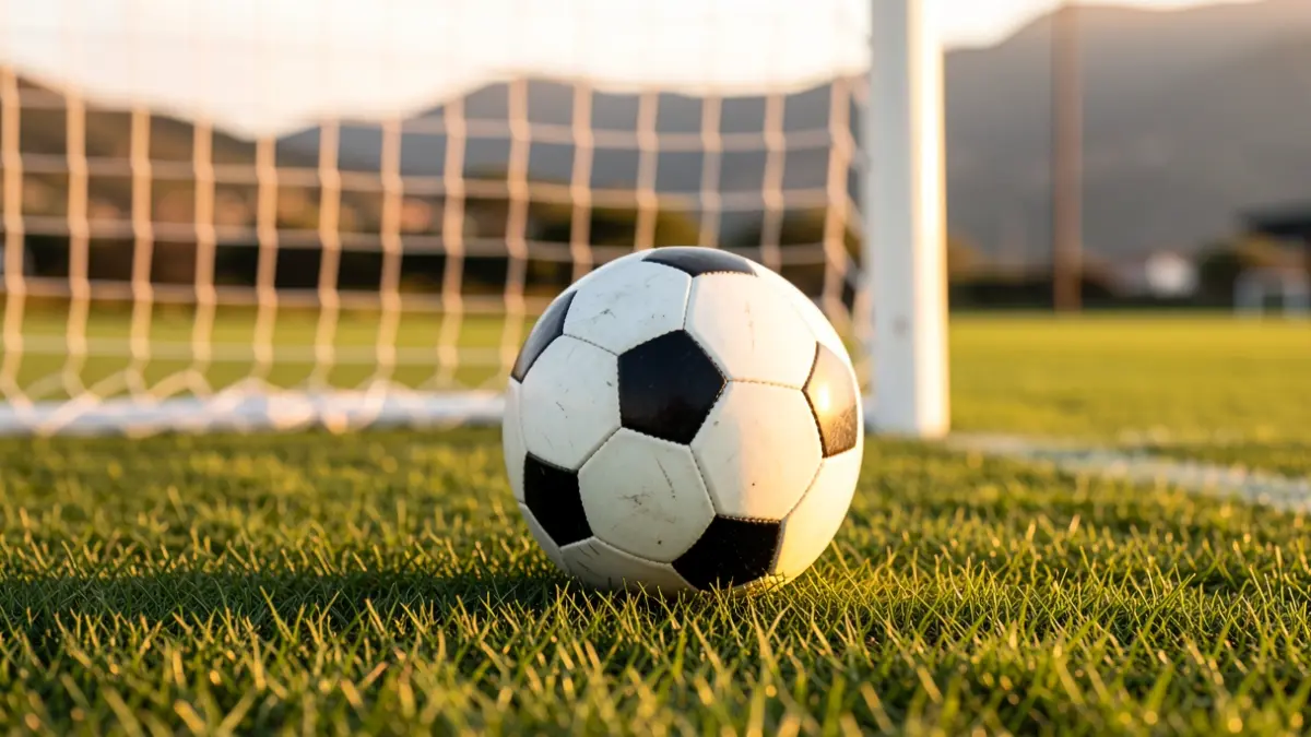Imagen genérica de un balón de fútbol sobre césped con una red de portería desenfocada.