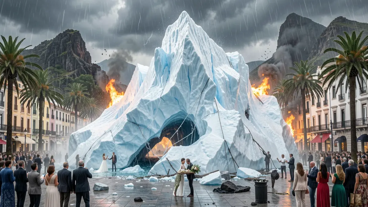 Imagen surrealista de un iceberg de plástico en una plaza urbana, con elementos de boda interrumpidos por fenómenos meteorológicos adversos, representando la crisis climática.