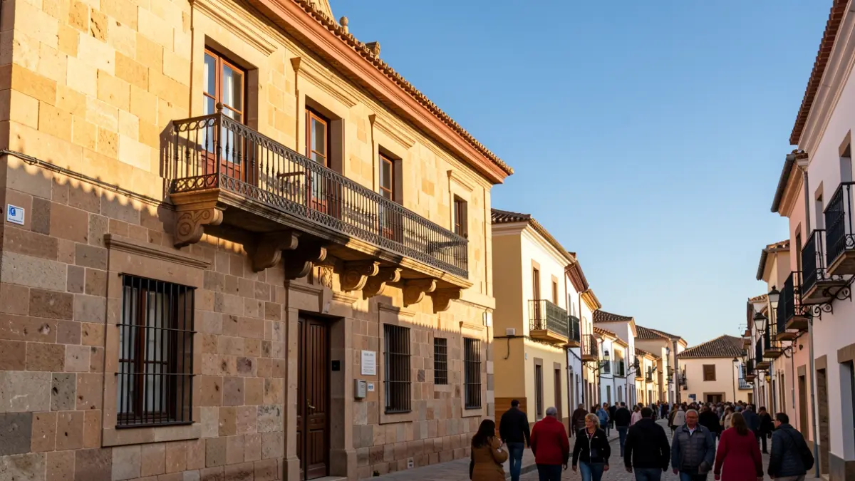 Facade of the Town Hall of La Aldea de San Nicolás with a balcony and iron railings, under the afternoon sunlight.