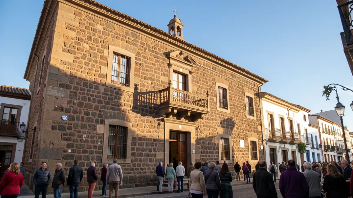 Fachada del Ayuntamiento de La Aldea de San Nicolás, un edificio tradicional canario con paredes de piedra y un balcón ornamentado, bajo la luz del sol de la tarde.