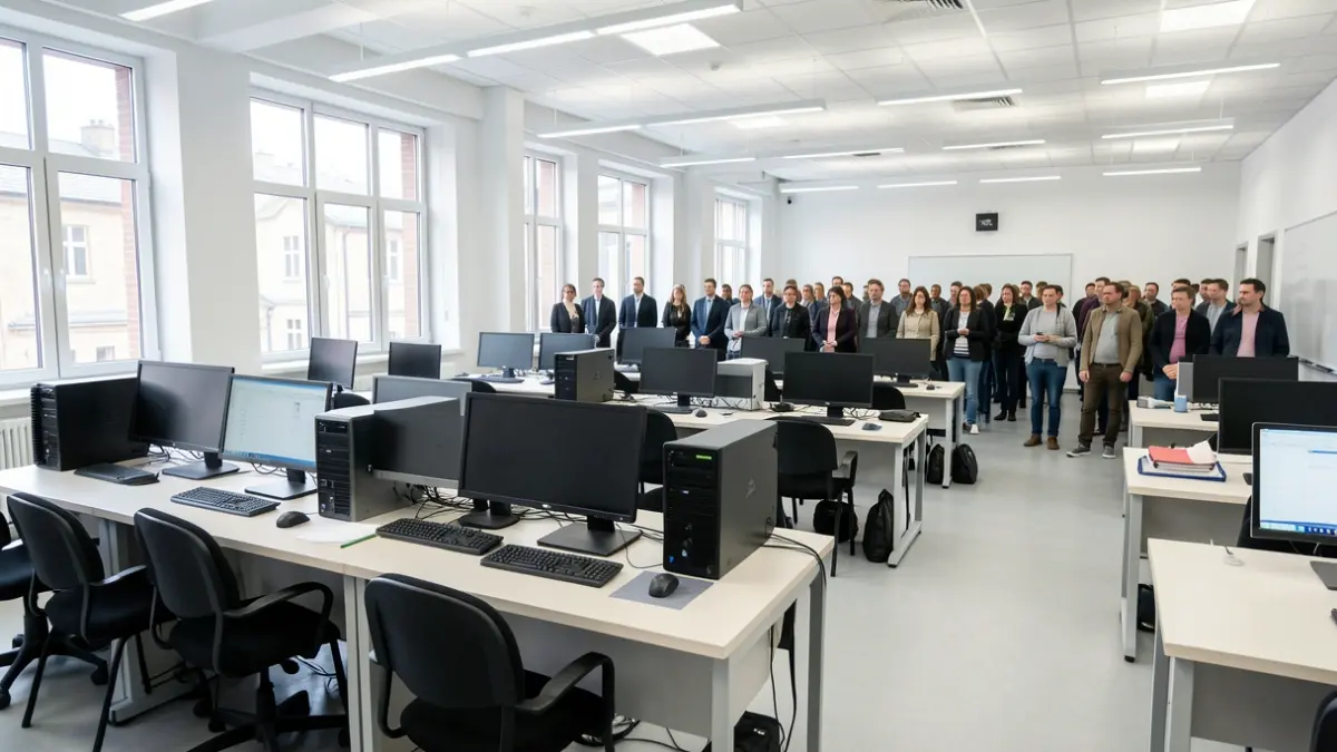Imagen de un aula municipal modernizada con equipos informáticos y mobiliario nuevo.