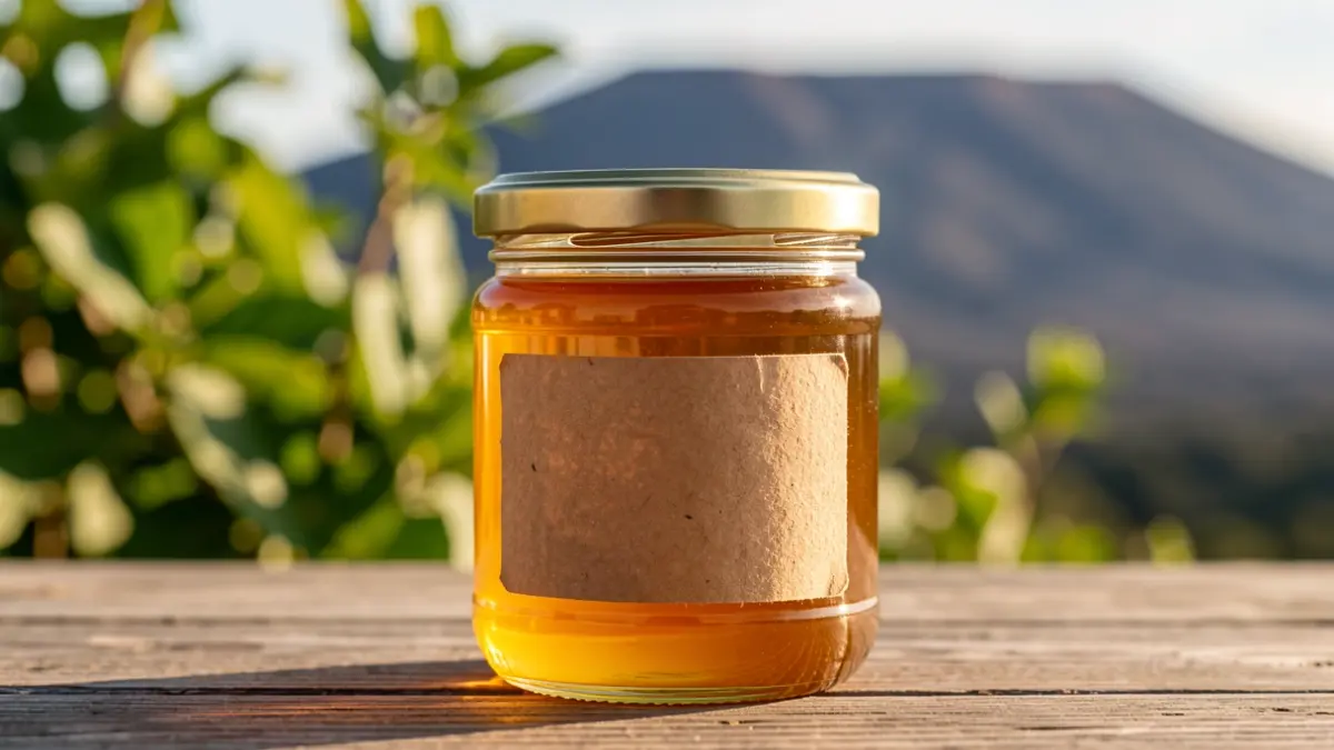 Close-up of a golden honey jar with a rustic label on a wooden surface, with blurred green foliage and volcanic landscape in the background.