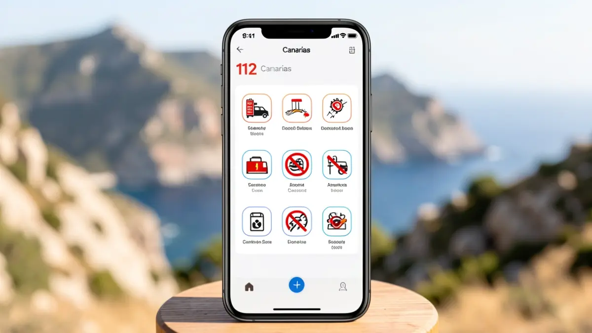 Image of the 112 Canarias app on a mobile phone with a Canary Islands landscape in the background.