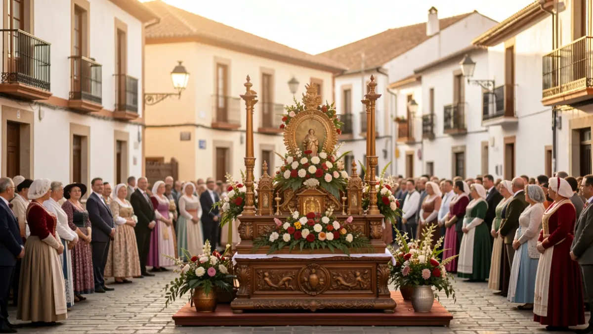Plaza de La Atalaya decorada para las fiestas del Santo Cristo Milagroso con un altar y elementos festivos.