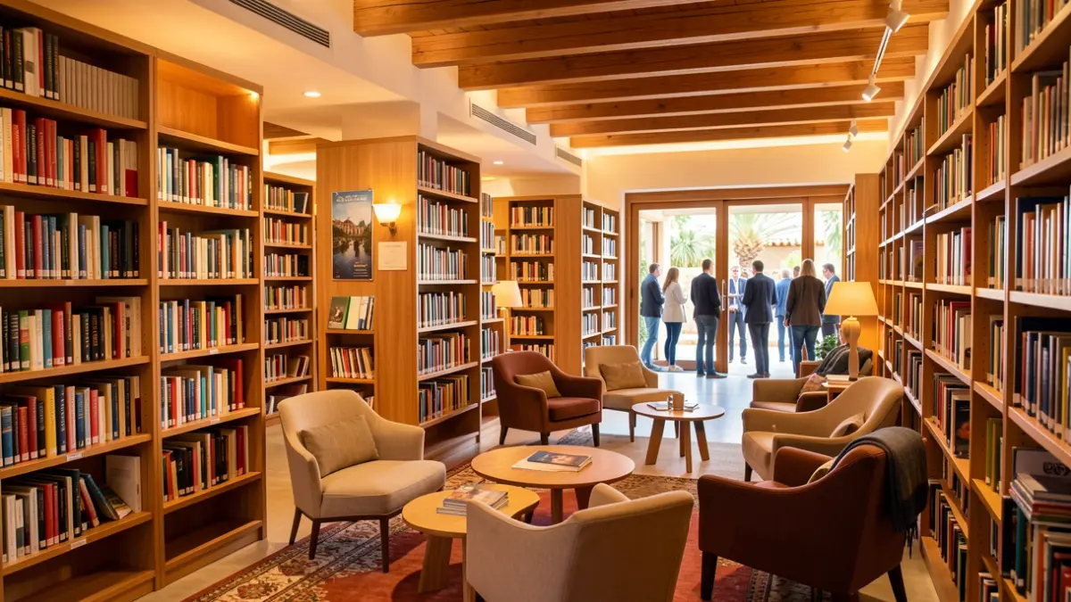 Generic image of a modern public library in the Canary Islands with shelves full of books.