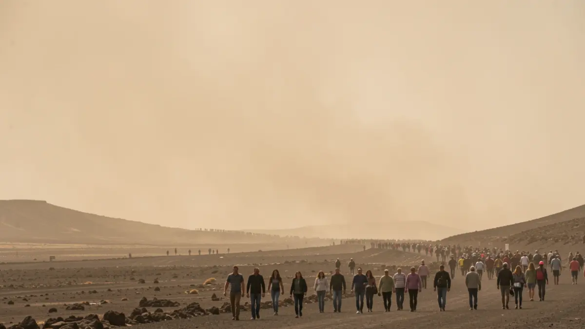 Hazy and hot sky over a volcanic landscape in Fuerteventura with dust.