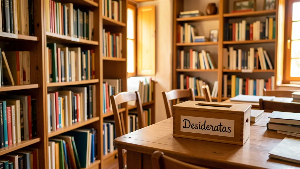 Interior de una biblioteca acogedora en Canarias con estanterías llenas de libros y un buzón de sugerencias.