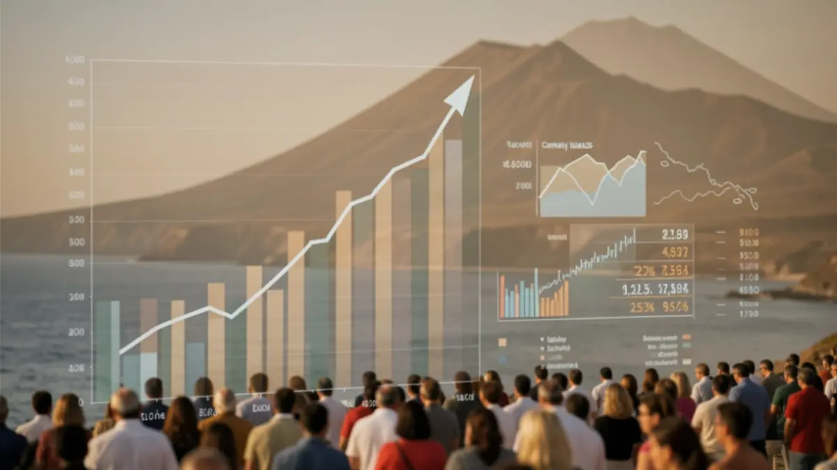 Abstract graphics of rising crime in the Canary Islands with a volcanic silhouette.