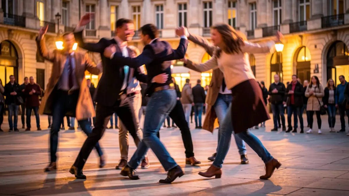 Imagen abstracta de una actuación de danza contemporánea en un espacio público urbano, destacando el movimiento y la luz.