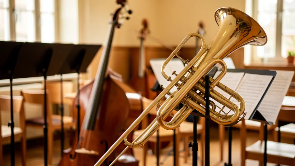 Imagen de un contrabajo y un trombón nuevos en la Escuela de Música de Ingenio.