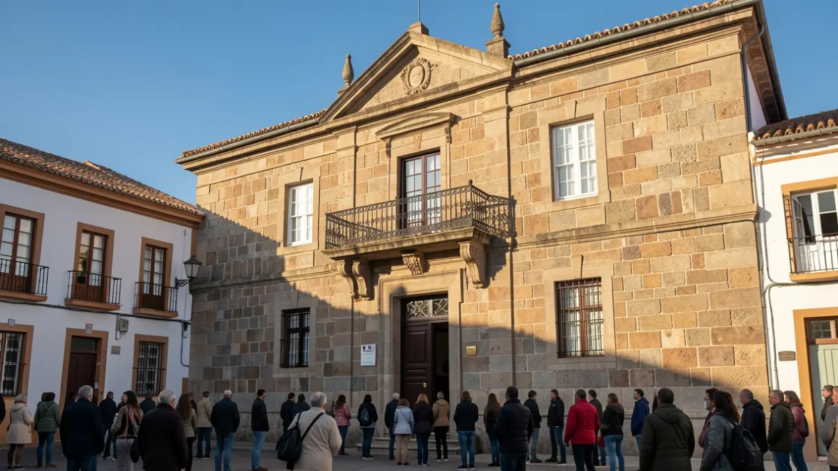Fachada de un ayuntamiento tradicional canario con balcón y sol de tarde.
