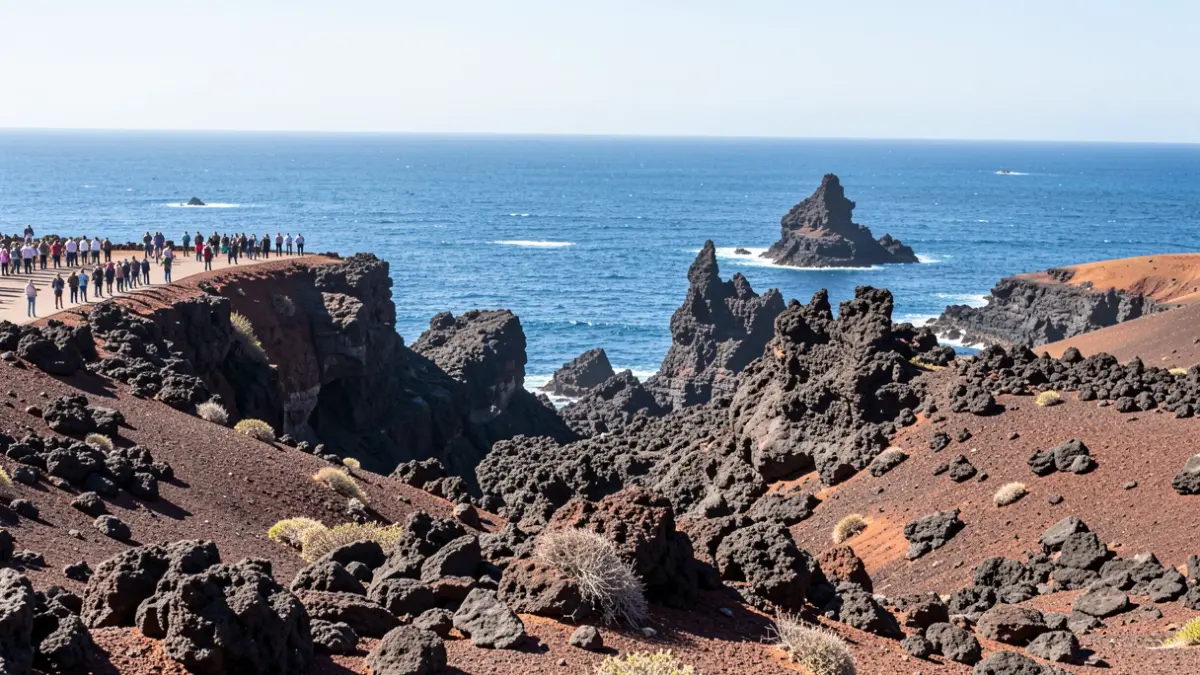 Paisaje costero de Lanzarote con formaciones volcánicas y el océano Atlántico.