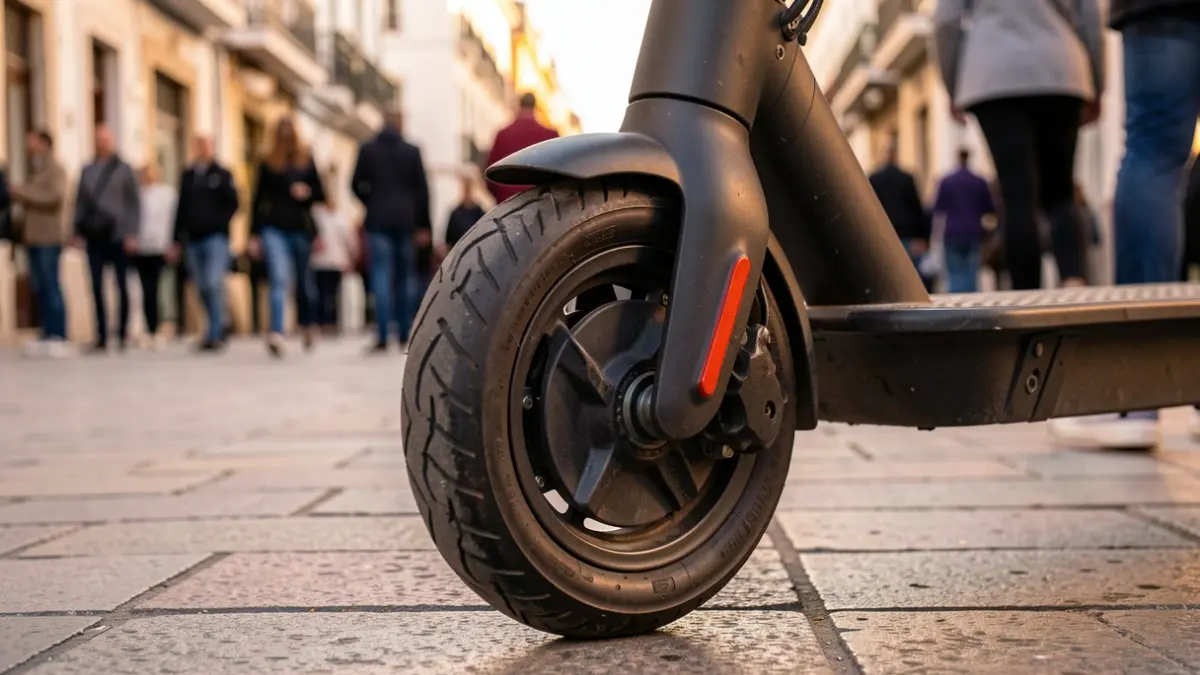 Image of an electric scooter wheel parked on a sidewalk with evening light.
