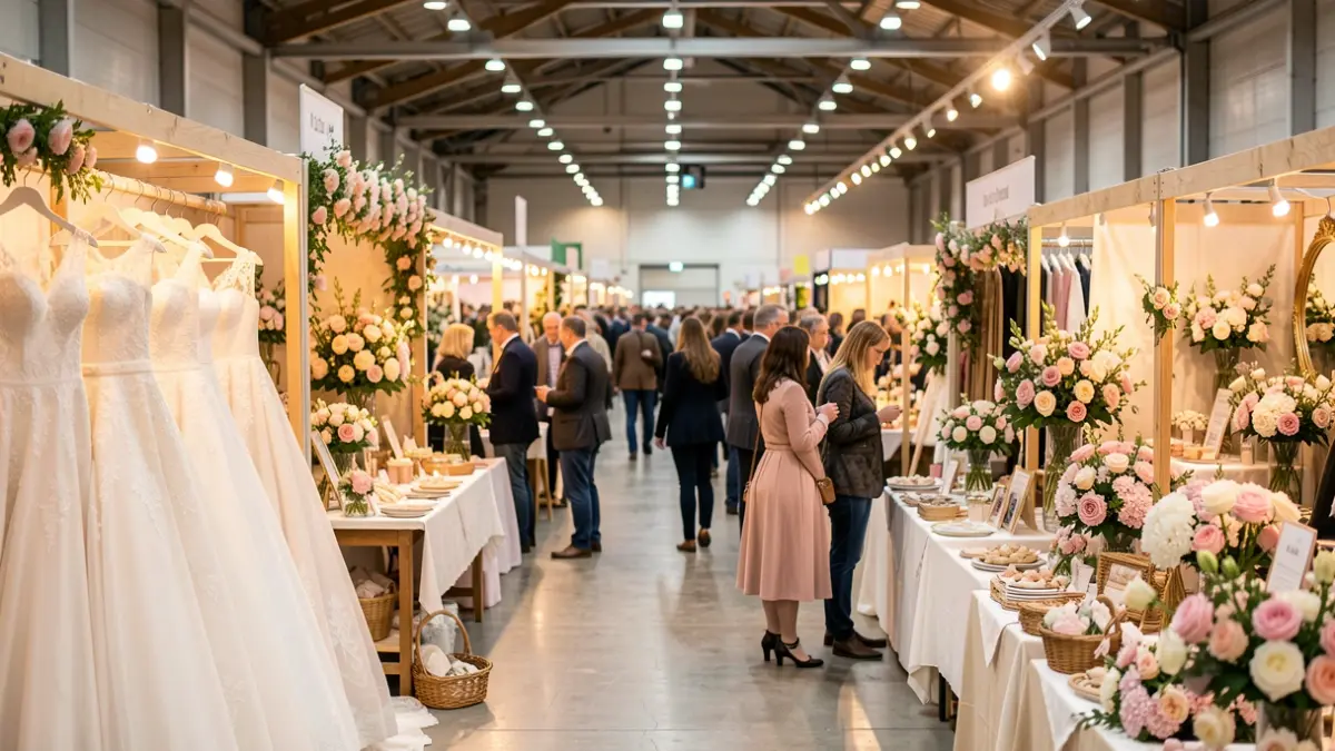 Image of a wedding fair with exhibitors and a festive atmosphere.