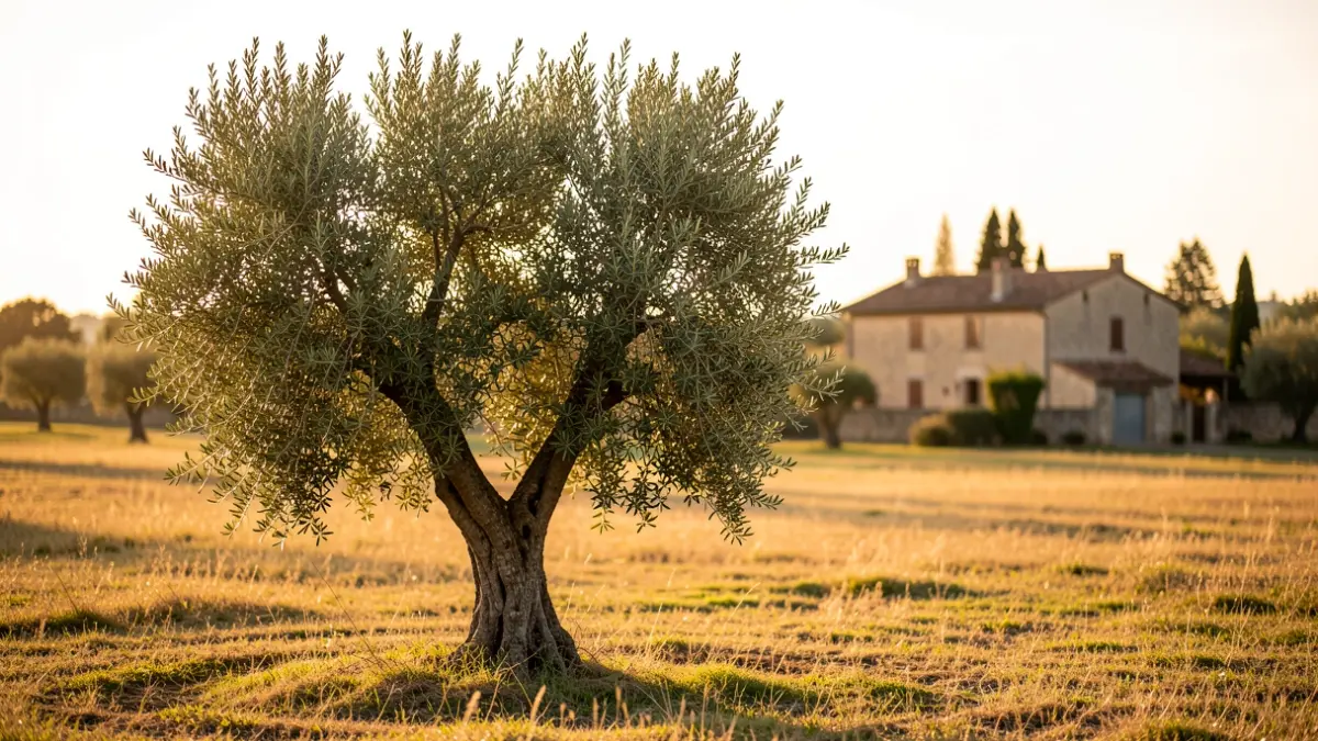 Generic image of an olive tree in a field at sunset.