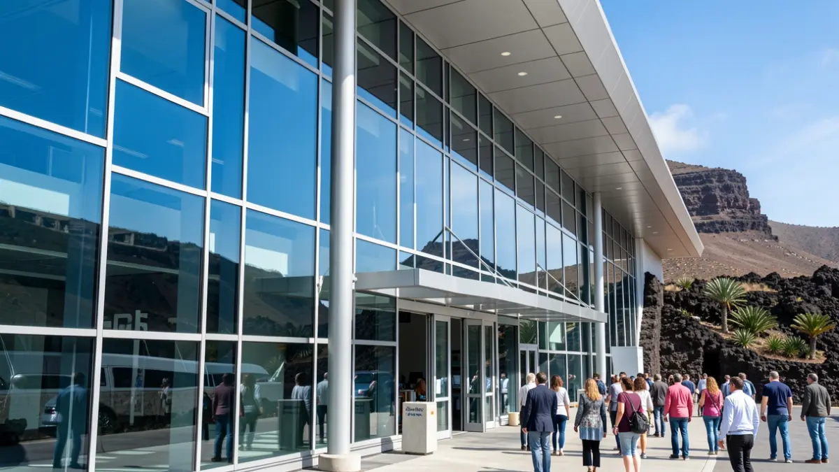 Facade of a modern airport in Canarias with contemporary architecture and blue sky.