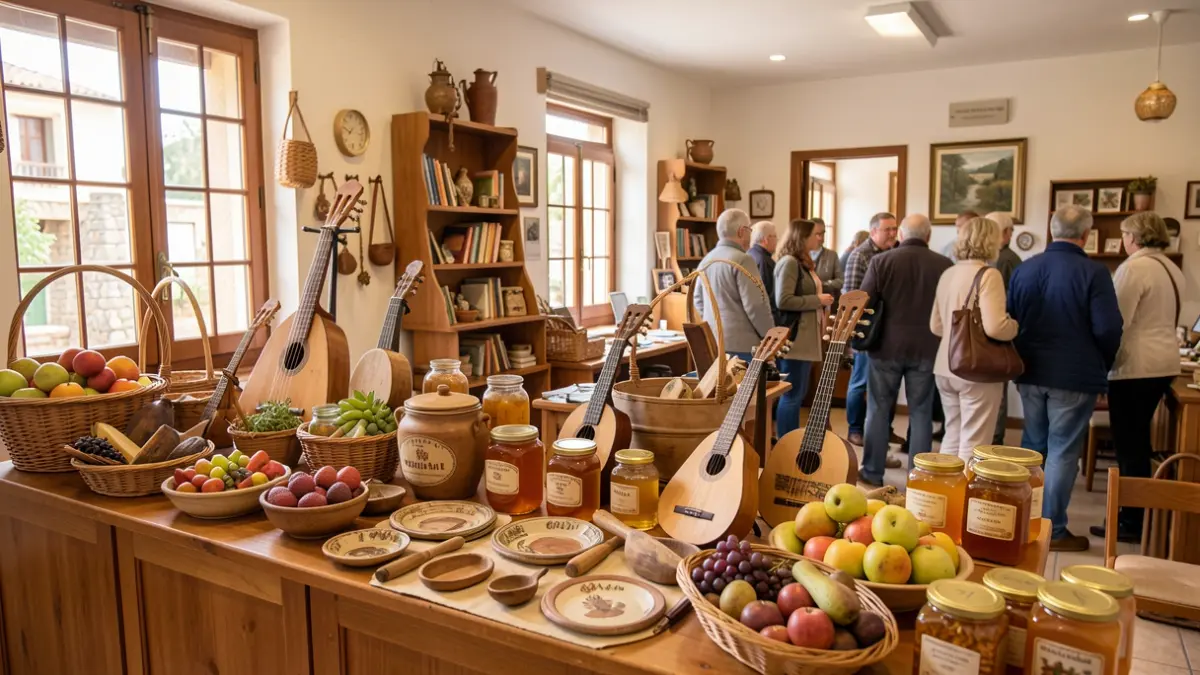 Exhibición de artesanía, instrumentos musicales y productos locales en una oficina de turismo de La Gomera.