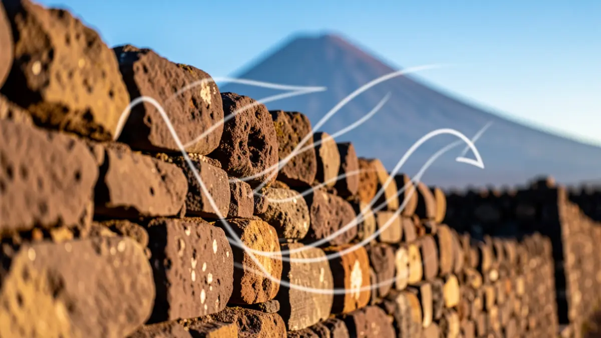 Representación simbólica del Silbo Gomero, con texturas de piedra canaria y líneas abstractas que sugieren sonidos silbados, con el Teide al fondo.
