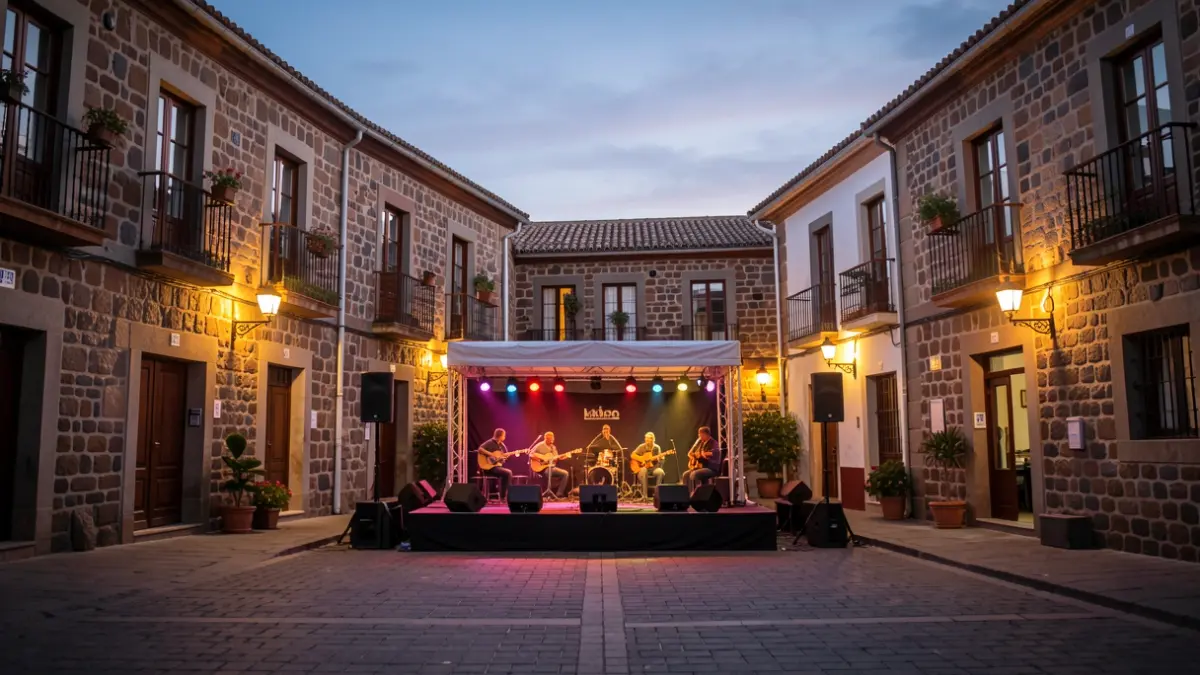 Escena nocturna de una plaza en Canarias con arquitectura tradicional iluminada, preparada para un concierto.