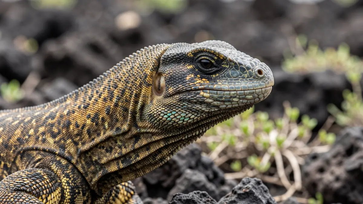 Primer plano de la piel texturizada de un Lagarto Gigante de La Gomera, con fondo desenfocado de rocas volcánicas y vegetación.