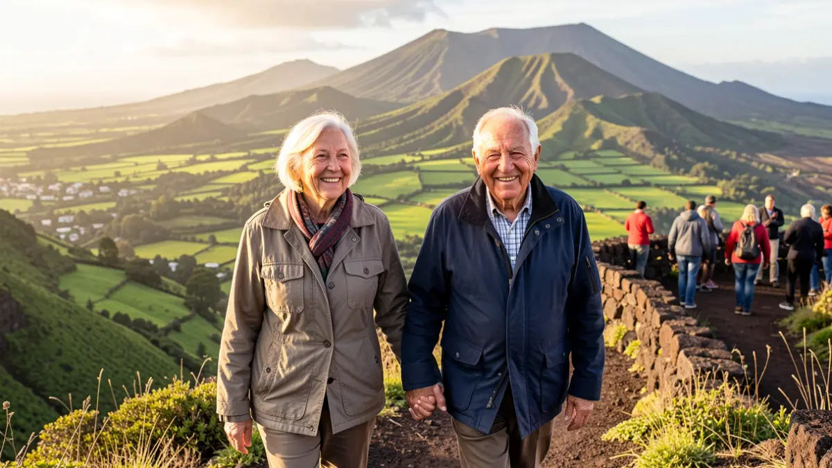Pareja de mayores gomeros disfrutando de un paisaje en La Gomera.