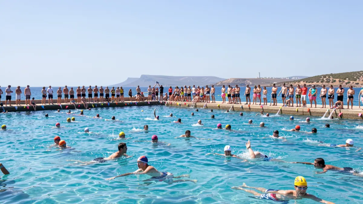Imagen genérica de una natación festiva en aguas abiertas con la isla de La Graciosa al fondo.