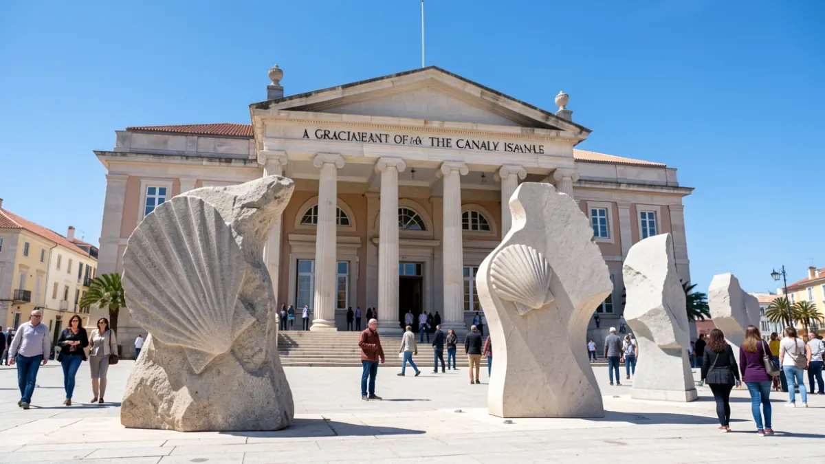 Facade of the Parliament of the Canary Islands with the new sculpture of La Graciosa.