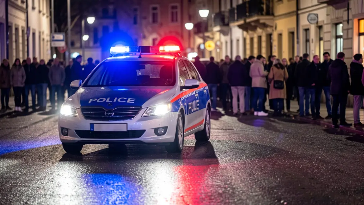 Imagen genérica de luces de emergencia policiales reflejando en asfalto mojado.