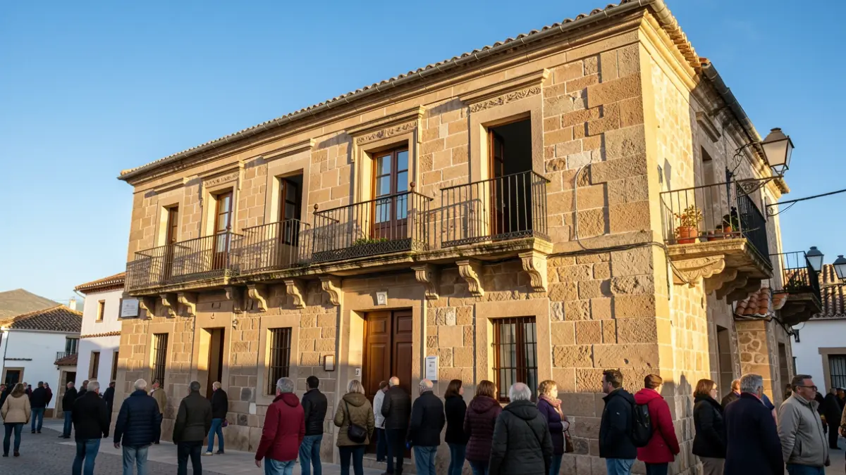 Generic facade of a Canarian town hall with a balcony and afternoon light.