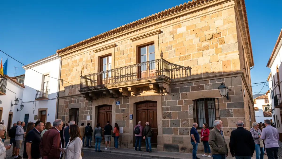 Fachada del Ayuntamiento de La Guancha con balcón y barandillas de hierro, bajo la luz del sol de la tarde.
