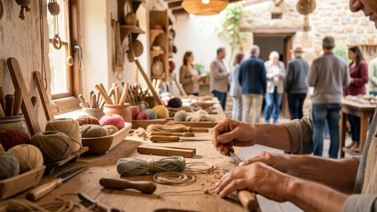 Imagen genérica de un taller de artesanía tradicional en Canarias, con enfoque en las manos trabajando materiales.