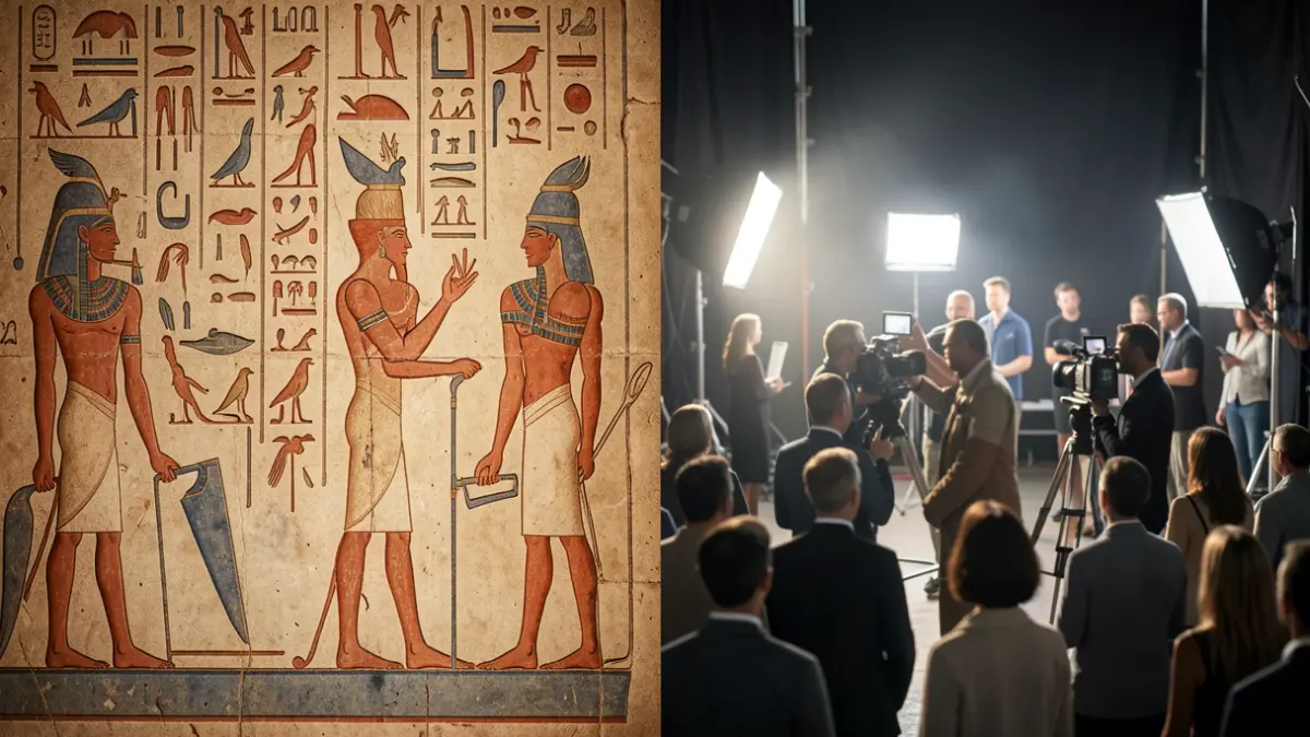 Split image showing ancient Egyptian hieroglyphs and a modern film set, symbolizing the evolution of emotional expression through time.