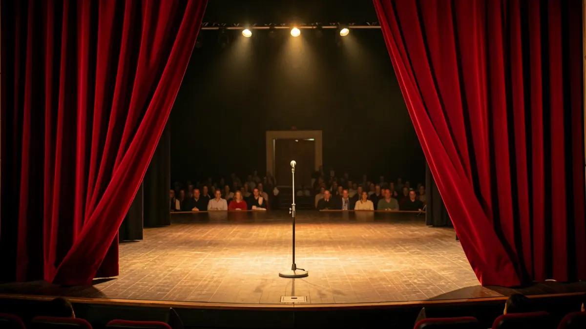 Theatre stage scene with red curtain and a microphone on stage.