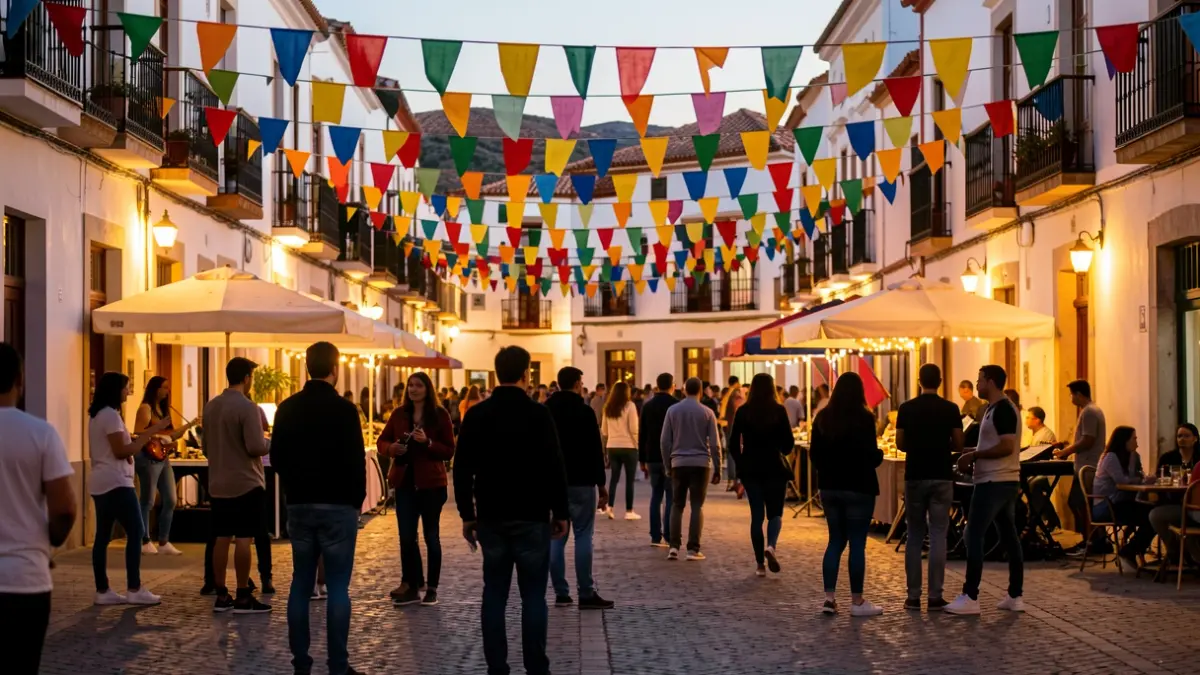 Generic image of a town square in Canarias with a festive atmosphere and young people.