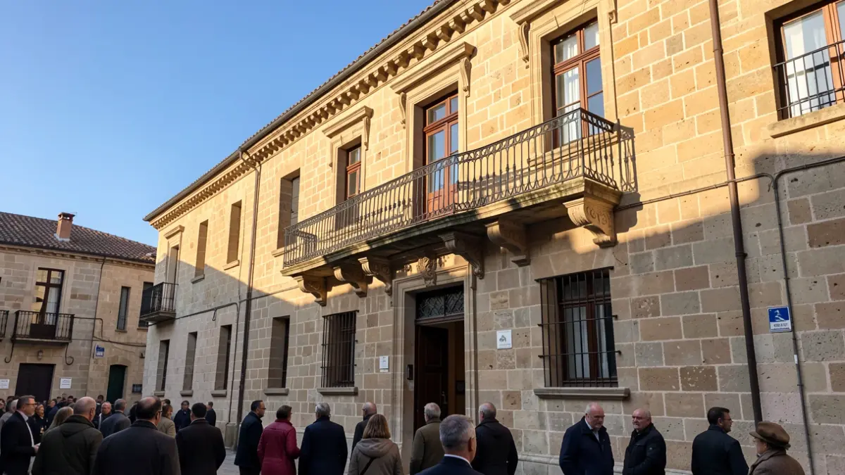 Facade of a traditional Canarias town hall with balcony and iron railings, warm afternoon light, blue sky.