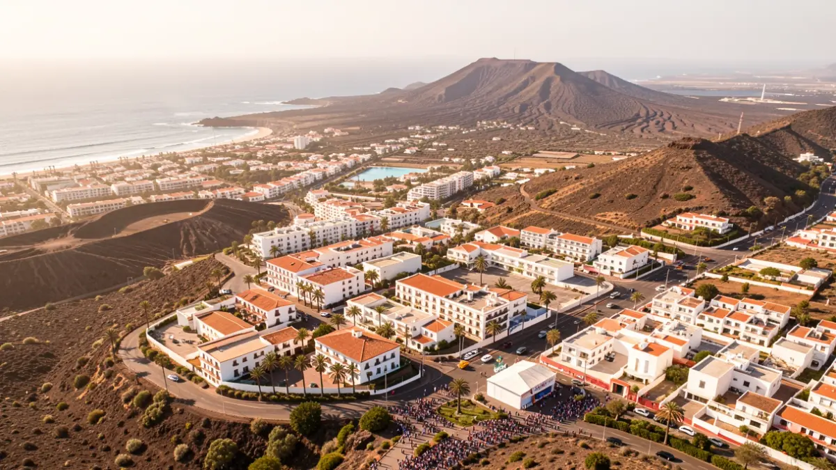 Vista aérea del municipio de La Oliva, mostrando una mezcla de desarrollo urbano y paisaje volcánico natural.