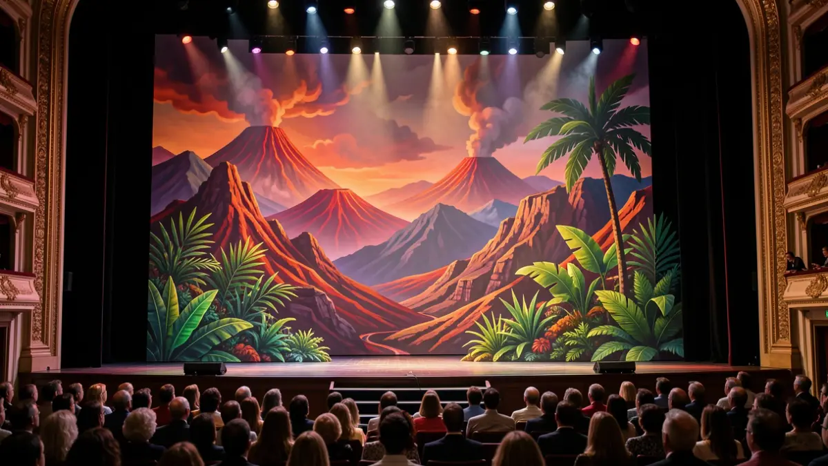 Stylized opera scene with volcanic elements and Canarian vegetation.