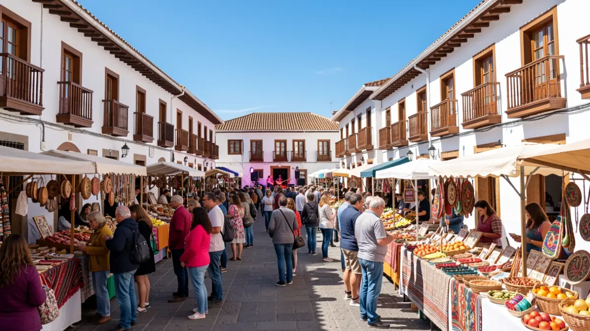 Constitution Square in La Orotava during the II International Cittaslow Festival, featuring local produce stalls, artisans, and music.