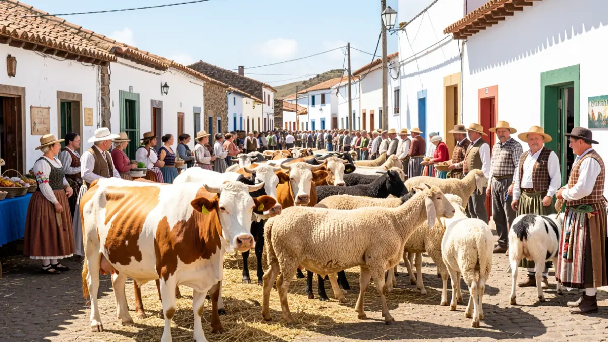 Imagen de una feria ganadera tradicional en Benijos, La Orotava, con animales y ambiente rural.