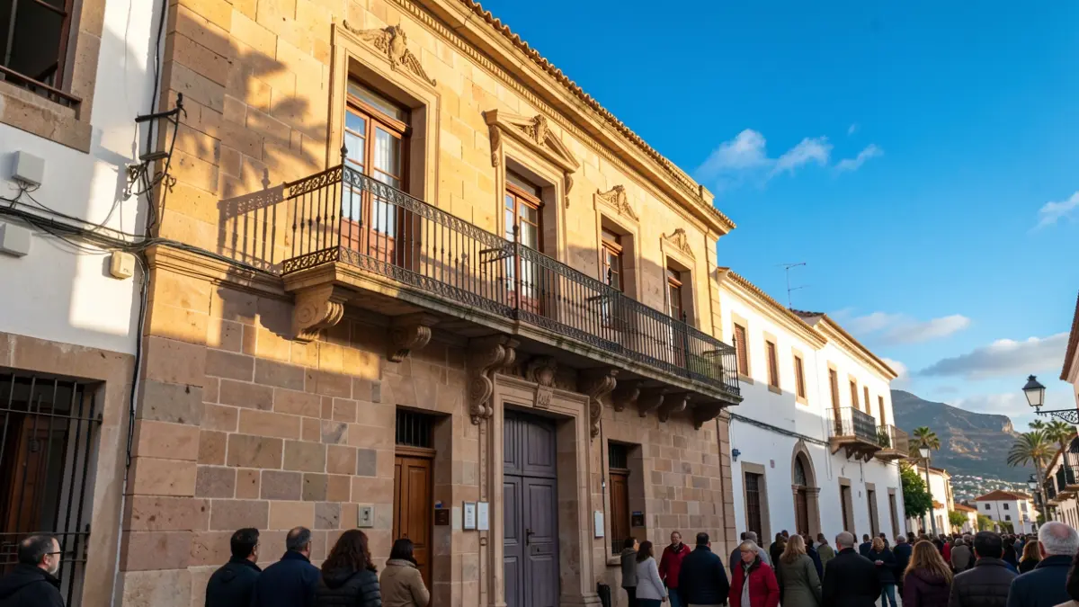 Facade of a traditional Canarian town hall with a balcony and iron railings, afternoon sunlight, blue sky.