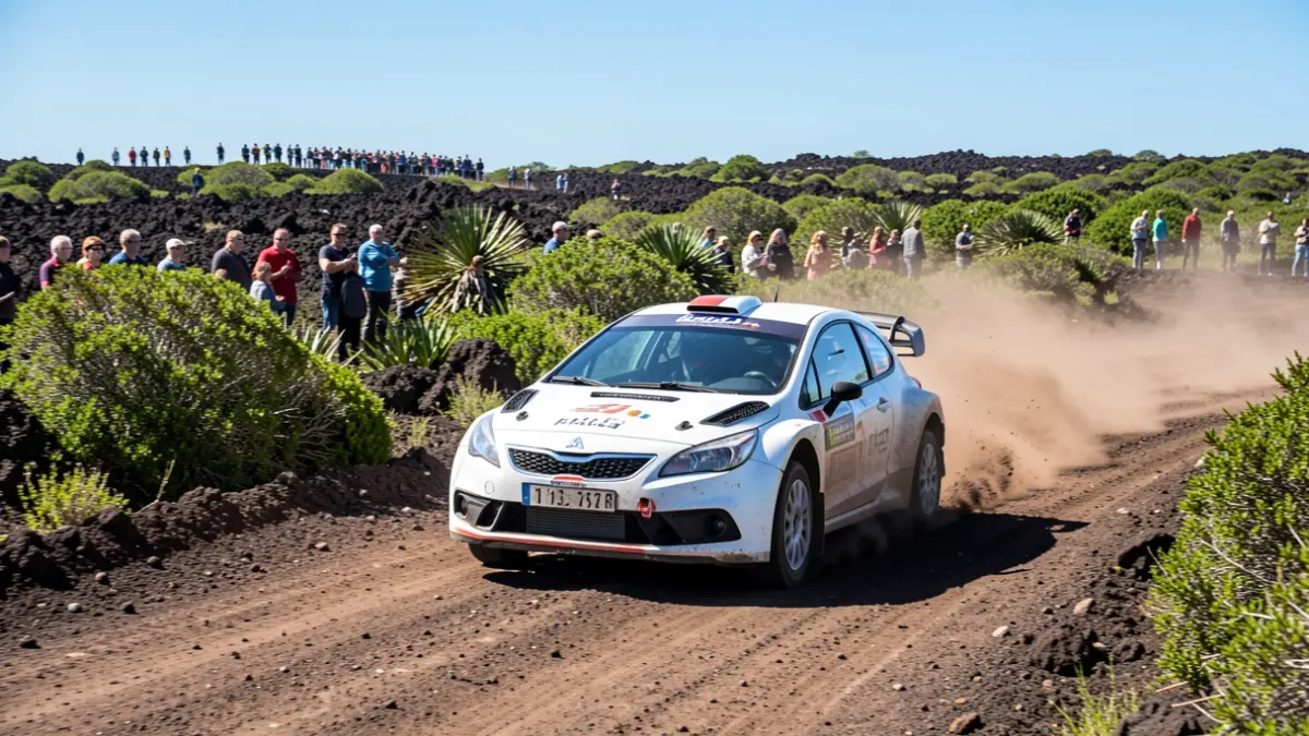Imagen genérica de un coche de rally compitiendo en un paisaje volcánico de Canarias.