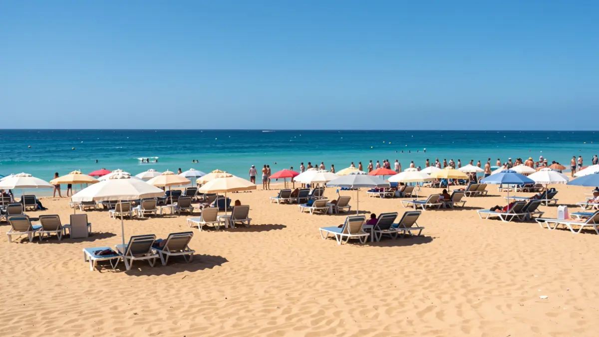 Imagen de hamacas y sombrillas en una playa urbana de Lanzarote.