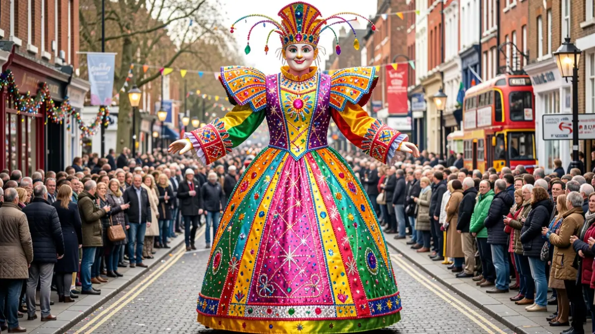 A colorful and sparkling carnival costume, over five meters tall, parading in London.