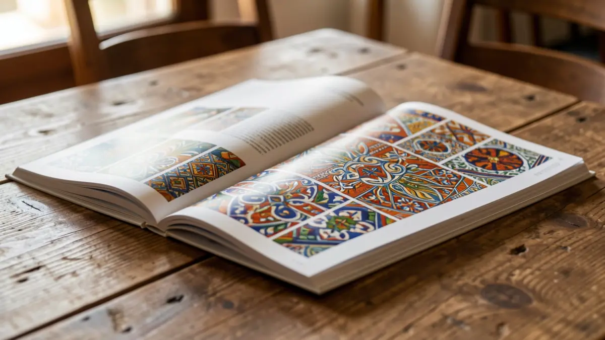 Close-up of an open cultural magazine with traditional Canarian motifs on the pages, on a rustic wooden table.