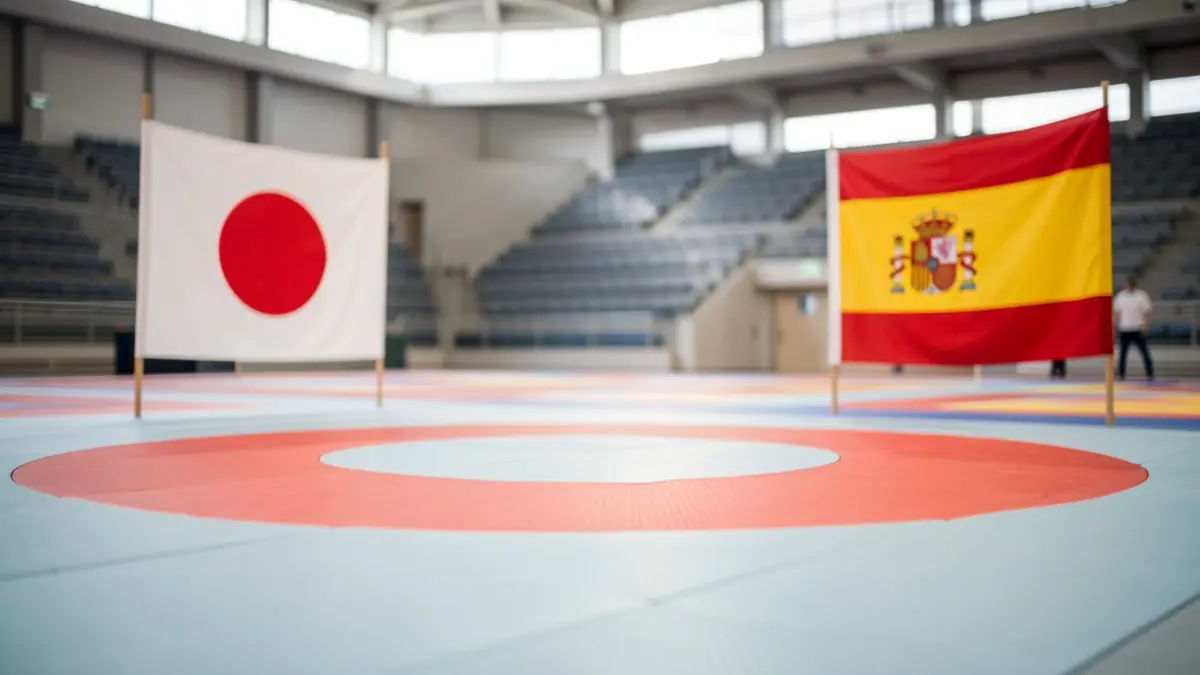 Tapiz de judo con banderas de España y Portugal en el Gran Canaria Arena.