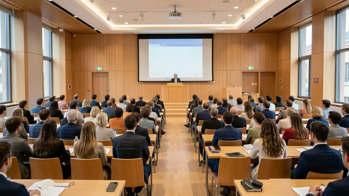 Generic image of an empty university lecture hall, representing education and a master's anniversary.