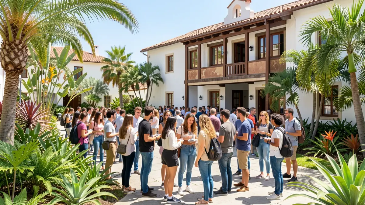 Generic image of a university campus in the Canary Islands with students and local architecture.
